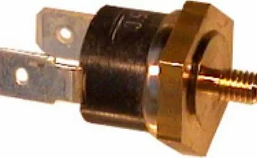 Close-up of the Lelit MC031 125 °C Steam Thermostat, showing its brass hex nut, threaded stud, and dual metal electrical connectors for temperature sensing in steam applications. © 2025 1st-line.com